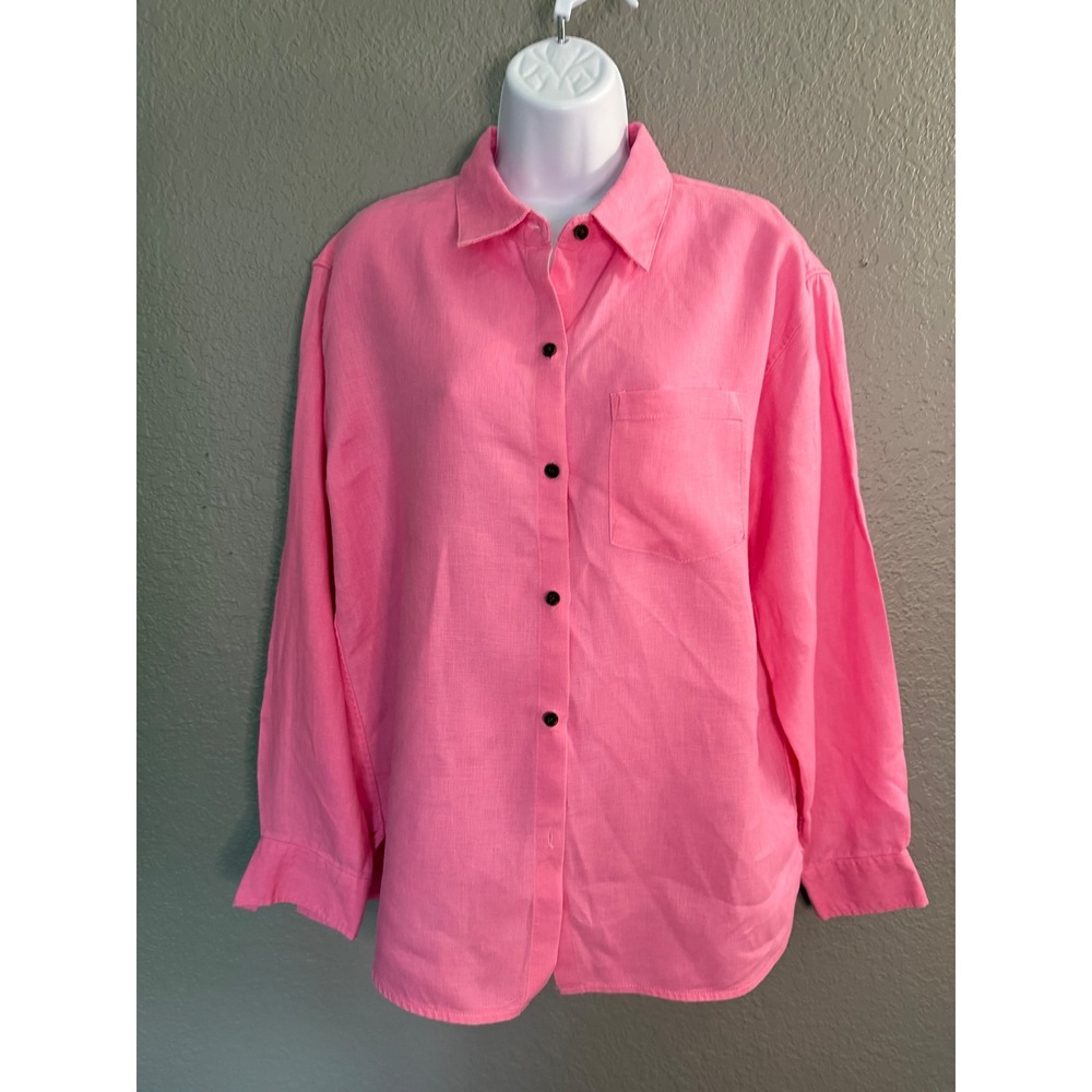 Athleta Hot Pink 100% Linen Shirt Sz S Long Sleeve Button 
Down Heavy Oversized